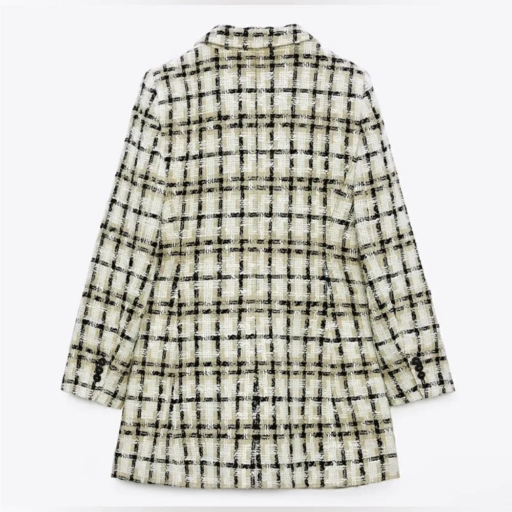 Zara Taupe Brown Textured Plaid Longline Blazer - Size M, Chic Lapel Collar!